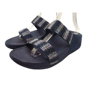 FitFlop Strobe Women's Size 8 Slide Sandals Navy Embellished Rhinestone Straps